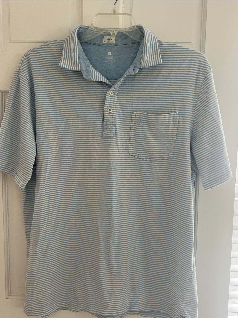 johnnie-O Light Blue & White Striped Polo with Chest Pocket